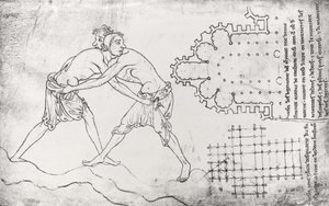Ms.Fr.19093 fol.14v दो पहलवान, एक सिस्टरियन चर्च की योजना और नॉट्रे-डेम डे कंबराई (फैसीमाइल कॉपी) के चयन की योजना