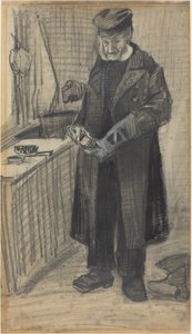 मैन पॉलिशिंग एक बूट, 1882 (ब्लैक चॉक और ग्रे वॉश, वोव पेपर पर सफेद उभार के साथ) द्वारा विन्सेंट वैन गॉग