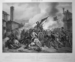 1848-9 में वेनिस की घेराबंदी के दौरान 27 अक्टूबर 1848 को मेस्त्रे में अल्बर्टो डेला कैम्पाना की लड़ाई (लिथो) द्वारा विन्सेन्ज़ो (बाद में) जियाकोमेली