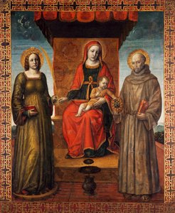 विंसेंज़ो फोप्पा (ca1427 - ca1515), कैनवास पर पेंटिंग द्वारा, मैडोना और चाइल्ड विथ सेंट्स बर्नार्डिनो और कैथरीन ऑफ अलेक्जेंड्रिया, ओर्ज़िनुओवी के जुलूस के बैनर के पीछे की ओर। द्वारा विन्सेन्ज़ो फोप्पा