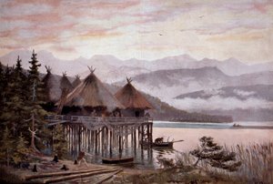 प्रागितिहास: पियरे की उम्र में ज्यूरिख झील के तट पर स्टिल्ट्स पर गांव बाटी। झील गांव, प्रागैतिहासिक झील शहर। 20वीं सदी के डब्ल्यू. क्रांज़ की एक पेंटिंग से From द्वारा डब्ल्यू। (बाद) पुष्पांजलि