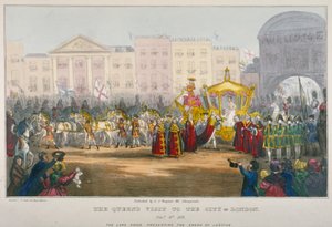 1837 में महारानी विक्टोरिया की लंदन शहर की यात्रा के दौरान टेंपल बार का दृश्य द्वारा डब्ल्यू क्लर्क