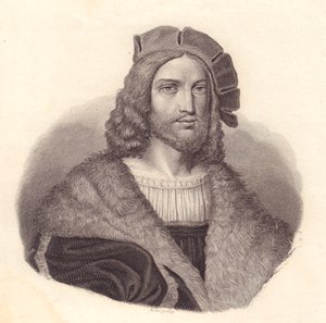 इतालवी कवि एंटोनियो तेबलदेव (1463-1537) का पोर्ट्रेट, राफेल द्वारा पेंटिंग से तांबे की नक्काशी