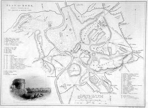 रोम, इटली: प्राचीन और आधुनिक स्थलों का तुलनात्मक मानचित्र, c.1850 (उत्कीर्णन) द्वारा डब्ल्यू ह्यूजेस