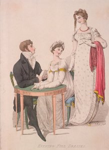 पूरी शाम की पोशाक पहने दो महिलाएं और एक पुरुष, c1810