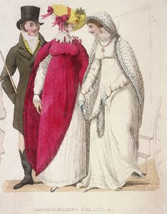 एक पुरुष के साथ चलने वाले कपड़े पहने दो महिलाएं, c1810