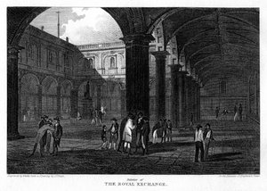 द रॉयल एक्सचेंज, सिटी ऑफ़ लंदन, 1816। द्वारा डब्ल्यू। वालिस