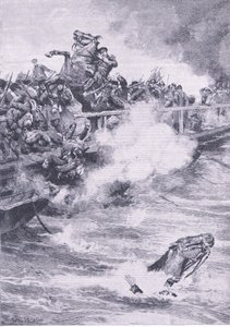 सेवस्तोपोल: नावों के पुल पर पीछे हटना, 1915 में ब्रिटिश बैटल ऑन लैंड एंड सी से चित्रण द्वारा व्हेल पगेट