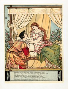 द प्रिंस वेक ब्यूटी, द ब्लू बियर्ड पिक्चर बुक, पब से। 1879 रंग लिथोग्राफ, 1879। द्वारा वाल्टर क्रेन