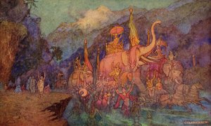 अठारह दिनों की लड़ाई में नायकों की वापसी, 1913 में प्रकाशित डोनाल्ड ए। मैकेंजी द्वारा &39;इंडियन मिथ एंड लीजेंड&39; का चित्रण द्वारा वारविक गोबल