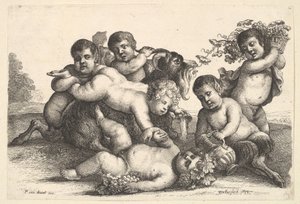 चार लड़के, दो व्यंग्य और एक बकरी, 1654। द्वारा Wenceslaus Hollar