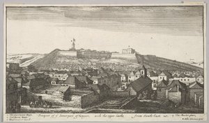 दक्षिण-पूर्व, 1669-73 से ऊपरी कैसल के साथ, तांगियर के आंतरिक भाग की संभावना। द्वारा Wenceslaus Hollar