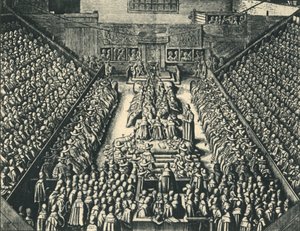 वेस्टमिंस्टर हॉल, 1641, 1947 में स्ट्रैफ़ोर्ड के अर्ल का परीक्षण। द्वारा Wenceslaus Hollar