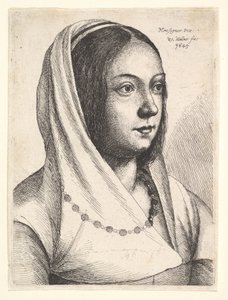बोनसिग्नोरी के बाद, 1645 में अपने सिर पर दुपट्टे के साथ युवा महिला। द्वारा Wenceslaus Hollar