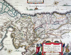 पवित्र भूमि का नक्शा, एम्स्टर्डम में प्रकाशित, 1629 (रंग उत्कीर्णन)