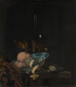 स्टिल लाइफ विद फ्रूट, ग्लासवेयर, और एक वानली बाउल, 1659। द्वारा विलेम काल्फ़ी