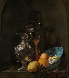 फिर भी चांदी की जग और चीनी मिट्टी के बरतन कटोरे के साथ जीवन। 1655-1660