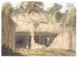 1803 में बॉम्बे के पास एलीफेंटा के महान गुफा मंदिर का बाहरी भाग, एसजी ह्यूजेस, पब द्वारा उकेरा गया 'सीनरी, कॉस्ट्यूम्स एंड आर्किटेक्चर ऑफ इंडिया' के खंड II से। स्मिथ, एल्डर एंड कंपनी द्वारा द्वारा विलियम (बाद में) वेस्टाल
