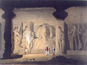 टी. एज, पब द्वारा उकेरी गई 'सीनरी, कॉस्ट्यूम्स एंड आर्किटेक्चर ऑफ इंडिया' के खंड II से 1803 में, बॉम्बे के पास एलिफेंटा के गुफा मंदिर में द ग्रेट ट्रायड। स्मिथ, एल्डर एंड कंपनी द्वारा द्वारा विलियम (बाद में) वेस्टाल