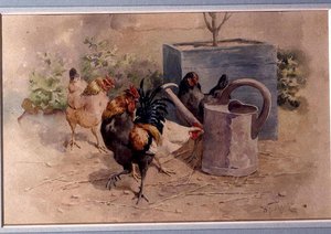 वाटरिंग कैन द्वारा मुर्गियां (कागज पर बॉडीकलर के साथ वॉटरकलर) द्वारा विलियम बैप्टिस्ट बेयर्ड