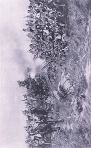 वाटरलू में 18 जून 1815 को फ्रांसीसी घुड़सवार सेना प्राप्त करने वाली 28 वीं आइस ग्लूसेस्टर रेजिमेंट, 1915 में ब्रिटिश बैटल ऑन लैंड एंड सी से चित्रण, द्वारा विलियम बार्न्स ऊन