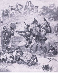 होउगोमोंट में दीवार पर हमला: वाटरलू 1815, लैंड और सी पर ब्रिटिश लड़ाइयों का चित्रण, 1915 द्वारा विलियम बार्न्स ऊन