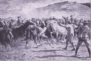 फोर्ब्सबर्ग के पास ब्रैंडवाटर जिले में घोड़ों का कब्जा: चौराहे का चक्कर लगाना, इसके बाद का चित्रण प्रिटोरिया: द गुरिल्ला वॉर, 1902 द्वारा विलियम बार्न्स ऊन