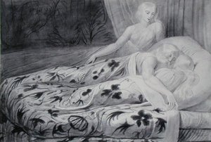 हर और हेवा मनेथा गार्डिंग देम के साथ सो गए, 'टिरियल' से चित्रण, c.1788 (कागज पर काले चाक के निशान पर पेन और ग्रे वॉश) द्वारा विलियम ब्लेक
