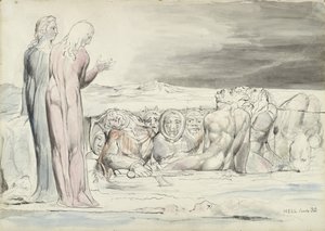 द सर्किल ऑफ ट्रैक्टर्स: अल्बर्टी ब्रदर्स, दांते एलघिएरी द्वारा 1824-27 पर पेंसिल और चाक पर कागज के साथ पेन और स्याही द्वारा दिव्य कॉमेडी का चित्रण द्वारा विलियम ब्लेक
