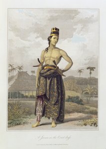 कोर्ट ड्रेस में एक जावा, पी एल। थॉमस स्टैमफोर्ड बिंगले रैफल्स (1781-1826) पब द्वारा &39;द हिस्ट्री ऑफ जावा&39; के वॉल्यूम I से 6। 1817 (रंगीन एक्वाटिंट)