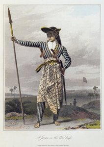 युद्ध पोशाक में एक जवान, pl। थॉमस स्टैमफोर्ड रैफल्स (1781-1826) पब द्वारा 'द हिस्ट्री ऑफ जावा' के खंड I से 5। 1817 (रंगीन एक्वाटिंट)