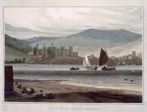 'ए वॉयज अराउंड ग्रेट ब्रिटेन अंडरटेकन विद द इयर्स 1814 एंड 1825' से कॉनवे कैसल, केर्नरवोनशायर का दृश्य, 1815 में प्रकाशित (रंगीन उत्कीर्णन) द्वारा विलियम डेनियल