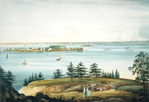 न्यू यॉर्क की खाड़ी और ब्रुकलिन हाइट्स से गवर्नर्स द्वीप, 1820-25।