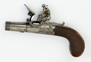 फ्लिंटॉक पॉकेट पिस्तौल बॉक्स-लॉक के साथ, c.1820 (स्टील, सिल्वर और अखरोट की लकड़ी) द्वारा विलियम हेल