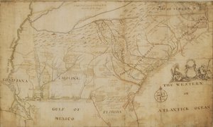उत्तरी अमेरिका के दक्षिण-पूर्वी भाग का नक्शा, 1721 (कलम और स्याही और कागज पर धोना)