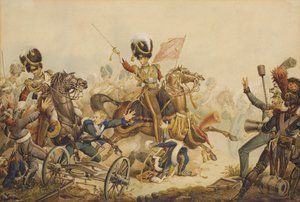 1815, 1820 में वाटरलू की लड़ाई में फ्रेंच आर्टिलरी को चार्ज करने वाले प्रथम जीवन रक्षक द्वारा विलियम हीथ