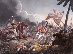 23 सितंबर, 1803 को एसे की लड़ाई, जेसी स्टैडलर द्वारा उकेरी गई, थॉमस टेग द्वारा प्रकाशित, 1 अप्रैल 1818 (रंगीन जलीय)