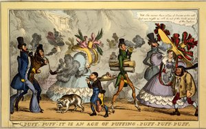 पफ, पफ, यह पफिंग, पफ, पफ, पफ, पब की उम्र है। Thos। मैकलीन, लंदन, 1827 (हाथ से रंगा हुआ उत्कीर्णन) द्वारा विलियम हीथ