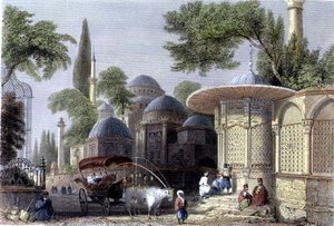 रॉबर्ट्स सैंड्स (1792-1855) द्वारा उकेरी गई चहजादे का फव्वारा और मस्जिद, c.1850 (एक्वाटिंट)