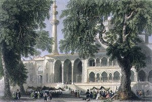 येनी जामी, या सुल्ताना वालिद की मस्जिद, इस्तांबुल, जेसी वराल द्वारा उकेरी गई, c.1850 (एक्वाटिंट)