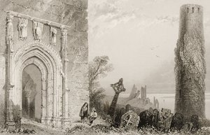 डोरवे, एक मंदिर, क्लोनमाकोनिस, काउंटी ऑफली, आयरलैंड, आयरलैंड और &39;आयरलैंड के दृश्य और प्राचीन वस्तुएँ&39; से, जोर्ल पुण्य, 1860 के दशक में द्वारा विलियम हेनरी बार्टलेट