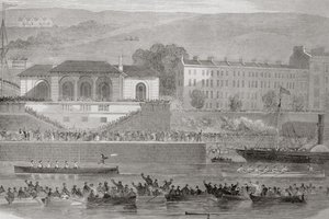 जॉर्ज पुण्य, 1860 के दशक में &39;कर्ट्स एंड एंटीक्विटीज़ ऑफ आयरलैंड&39; से, कॉर्क हार्बर, आयरलैंड में नौसेना नाव रेस द्वारा विलियम हेनरी बार्टलेट