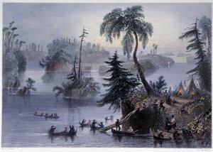 हजार द्वीपों के बीच का दृश्य: शिविर और नावें, मिले आइल्स - बार्टलेट डब्ल्यूएच द्वारा "" कैनेडियन दृश्यों का चित्रण" में द्वारा विलियम हेनरी बार्टलेट