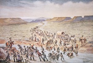 1850 में पश्चिम से यूटा की ओर जाने वाले मॉर्मन ठेले के अग्रदूत (कलर लिथो)