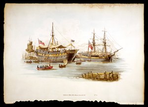 1805 के टॉवर ऑफ लंदन के टेम्स में जेल के जहाज़ों ने पतवार या टेंडर लगाए