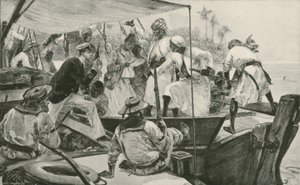 एक ब्रिटिश नौसेना अधिकारी एक अरब दास ढो (लिथो) की मरम्मत कर रहा है