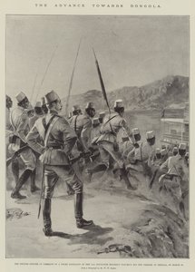 डोंगोला की ओर अग्रिम, ११वीं सूडानी रेजिमेंट की एक नीग्रो बटालियन के कमांड में ब्रिटिश अधिकारी, १८ मार्च (लिथो) पर अपने आदमियों को शेलाल में उतरते हुए देख रहे थे। द्वारा विलियम हेशम (बाद) ओवरएंड