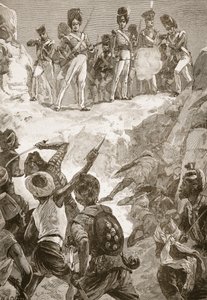 आर्चीबाल्ड फोर्ब्स, जीए हेंटी और मेजर आर्थर ग्रिफिथ्स द्वारा &39;उन्नीसवीं शताब्दी की लड़ाइयों&39; का चित्रण, कार्मिकेल के अनुयायियों ने उनके सामने पुरुषों के घने क्लस्टर में गोलीबारी की