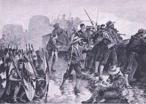 ज़ुलु हमले के खिलाफ एक लाजर की रक्षा, 1915 में ब्रिटिश बैटल ऑन लैंड एंड सी से दृष्टांत