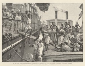 18 मार्च 1887 को केले पॉइंट पर एमिन पाशा राहत अभियान, यात्रियों को कांगो रिवर स्टीम-बोट में स्थानांतरित करना। द्वारा विलियम हेशम ओवरेंड